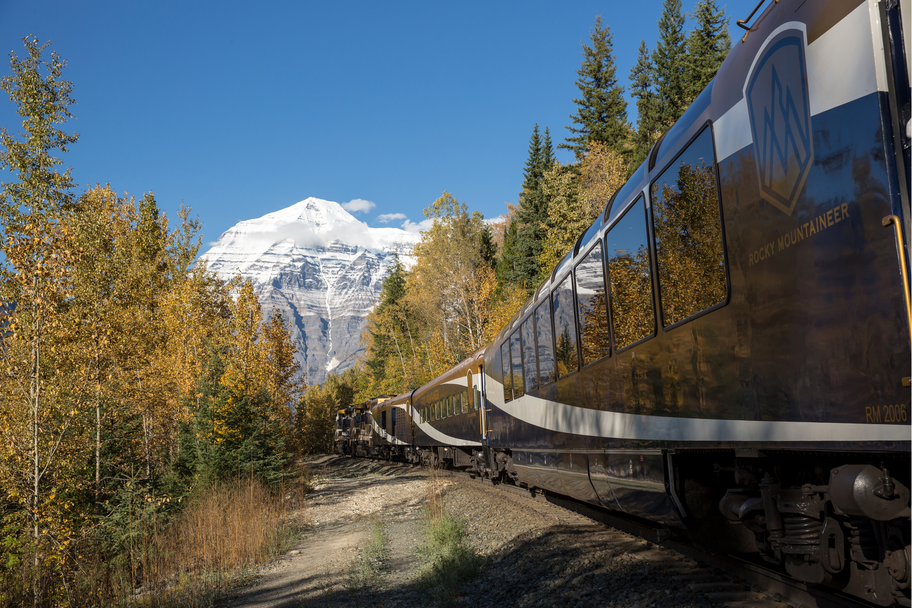 Rocky Mountaineer train travelling towards Mount Robson on the Journey Through the Clouds route