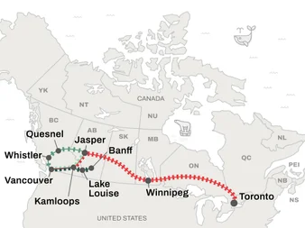 Route map of VIA Rail's Canadian Train and Rocky Mountaineer's Canadian Train Routes