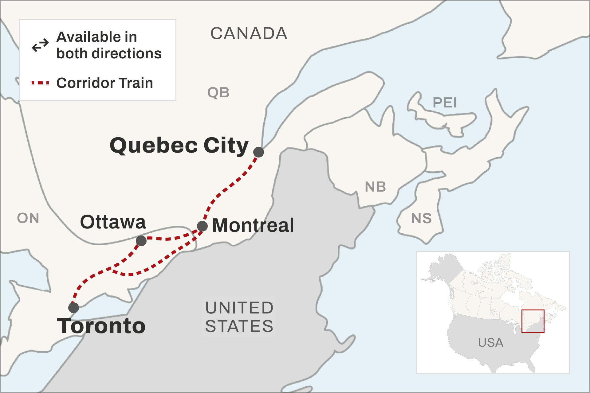 Route map of VIA Rail's Corridor train in Eastern Canada