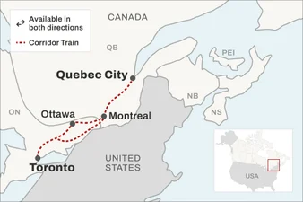 Route map of VIA Rail's Corridor train in Eastern Canada