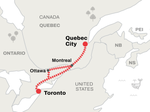 Route map of VIA Rail's Corridor train in Eastern Canada