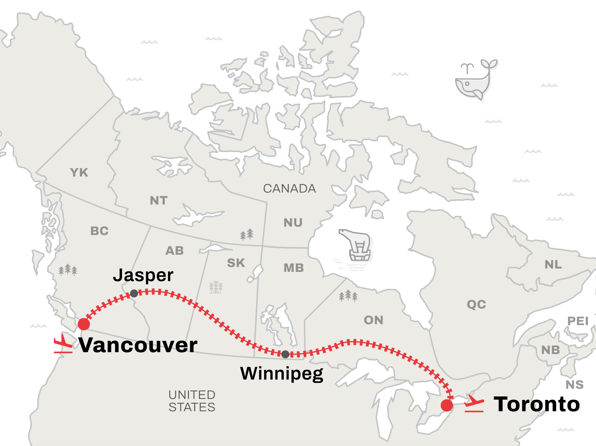 Route map for Vancouver to Toronto