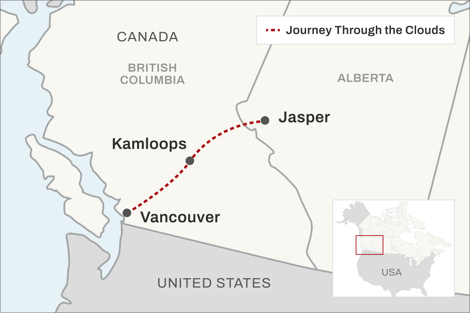 Route map for the Rocky Mountaineer from Vancouver to the Rockies