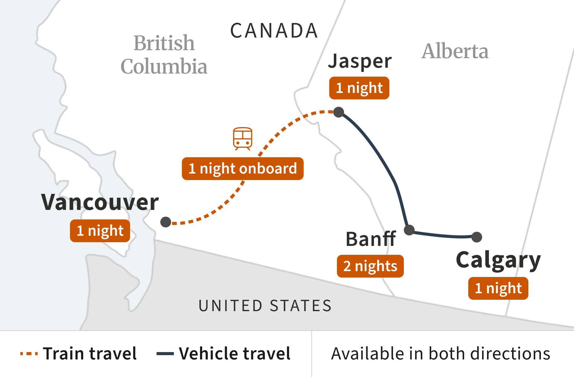 Route map for Rockies Sleeper-Train Extended Getaway