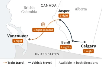 Route map for Rockies Sleeper-Train Extended Getaway
