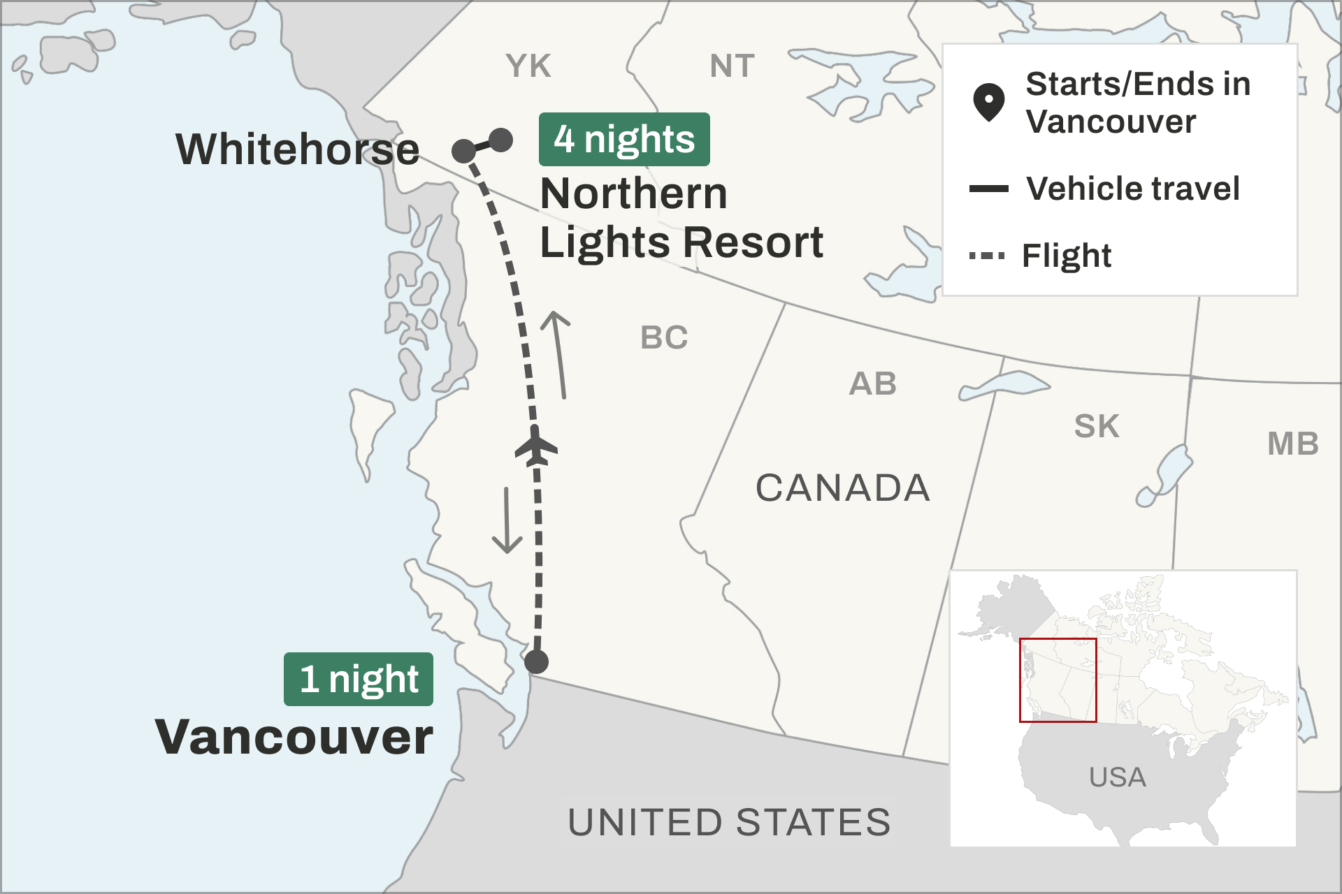 Route map of Northern Lights Yukon trip from Vancouver to Whitehorse