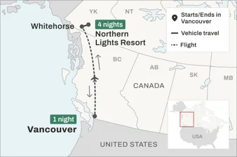 Route map of Northern Lights Yukon trip from Vancouver to Whitehorse