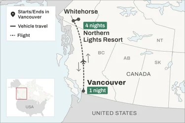 Route map of Northern Lights Yukon trip from Vancouver to Whitehorse