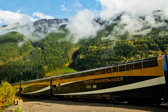 Close up of the Rocky Mountaineer train travelling past mountains in the summer