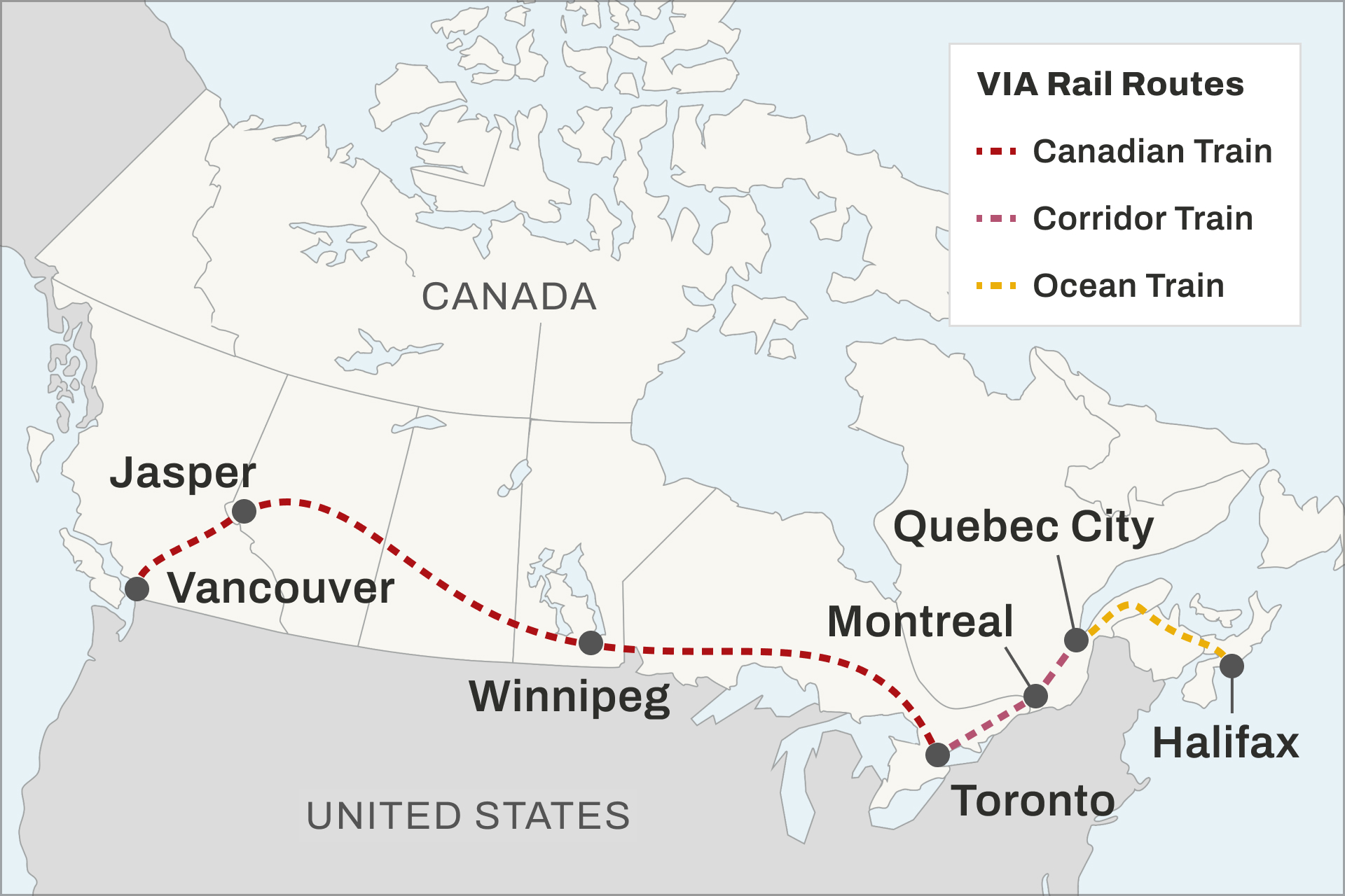 Map of VIA Rail Train routes within Canada