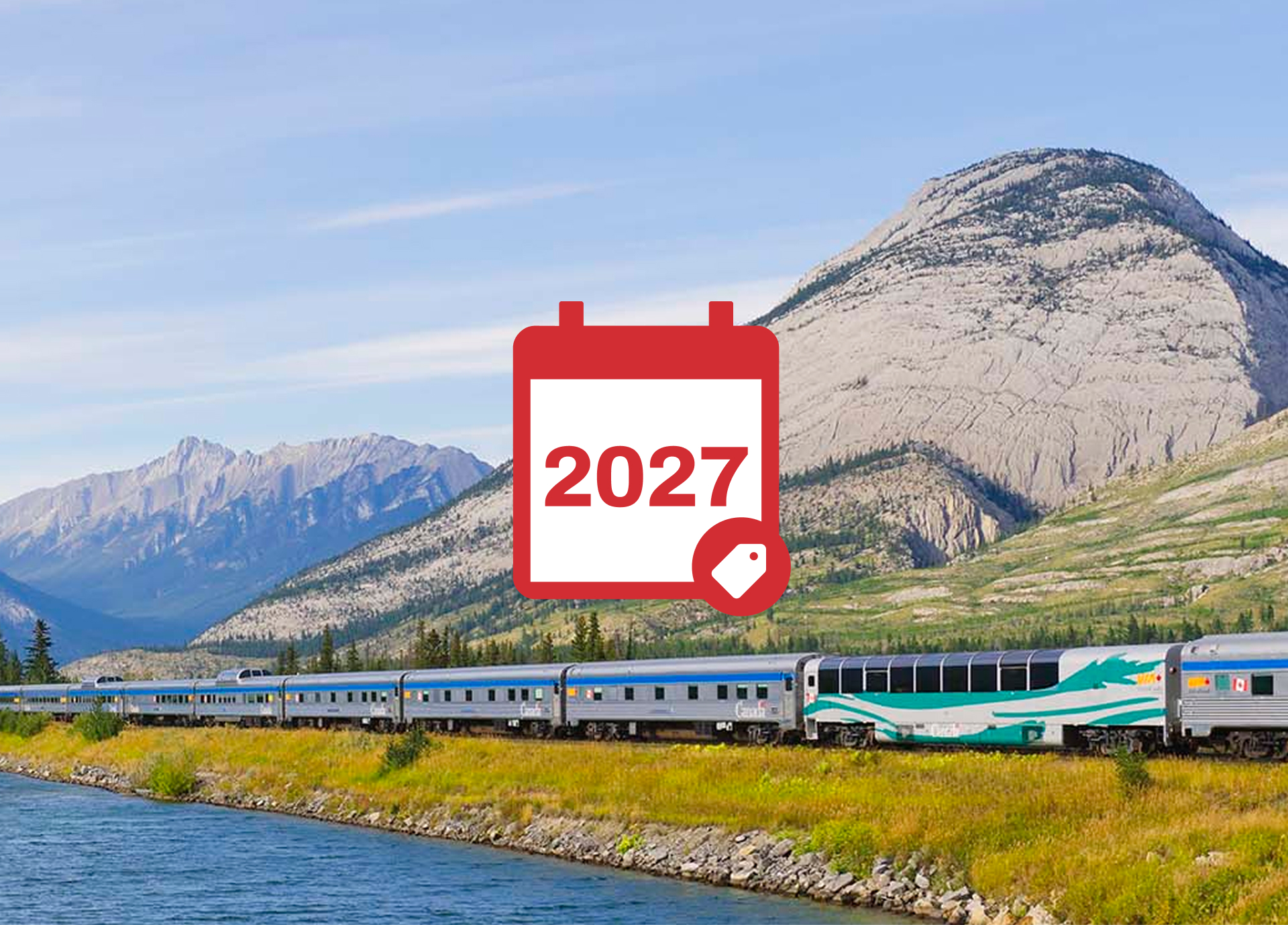 The Canadian Train rolling through the mountains with a 2027 sales icon on top.
