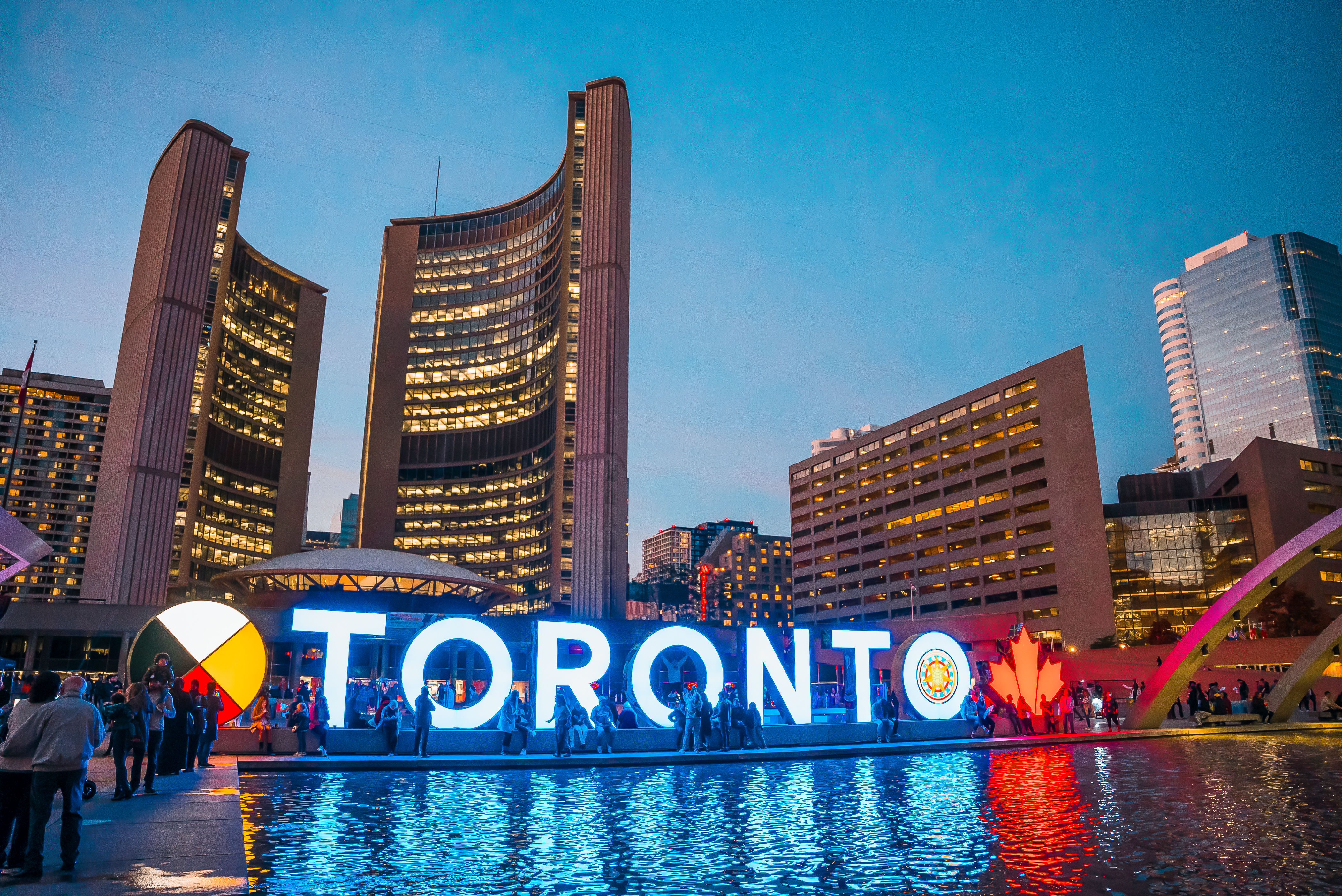 The city hall in Toronto at dusk, a FIFA World Cup host city