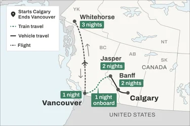 Route map between the Rockies and Whitehorse by vehicle, train, and plane