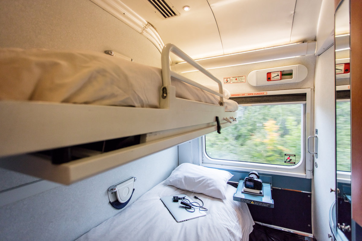 Bunk beds in a VIA Rail Sleeper Plus Cabin for 2 on The Ocean train in Eastern Canada