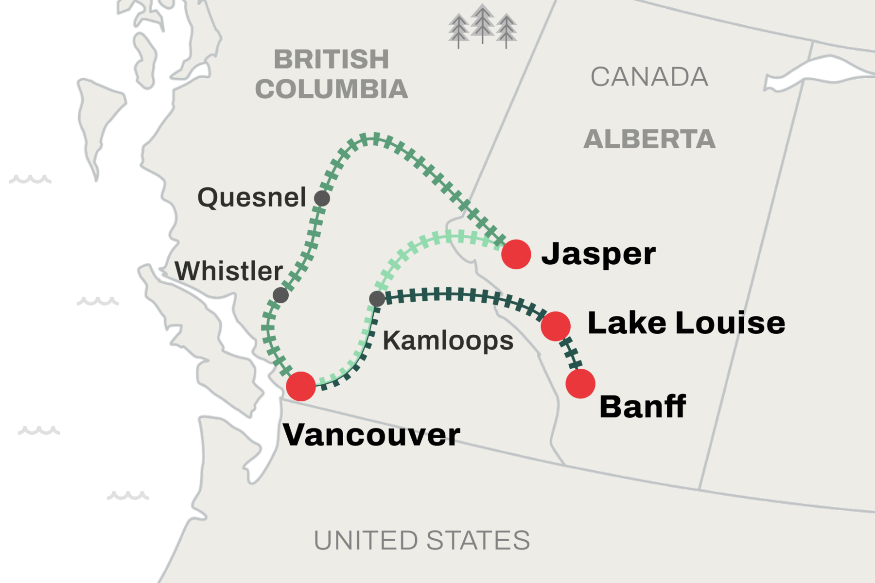 Map of three Rocky Mountaineer train routes