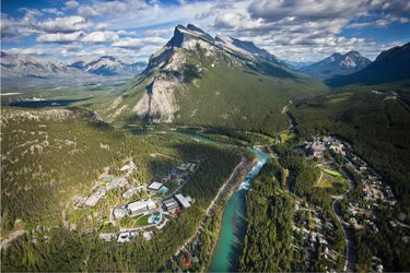 Aerial view of the town of Banff in the Canadian Rockies