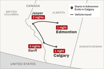 Route map of Canadian Rockies Winter Discovery trip