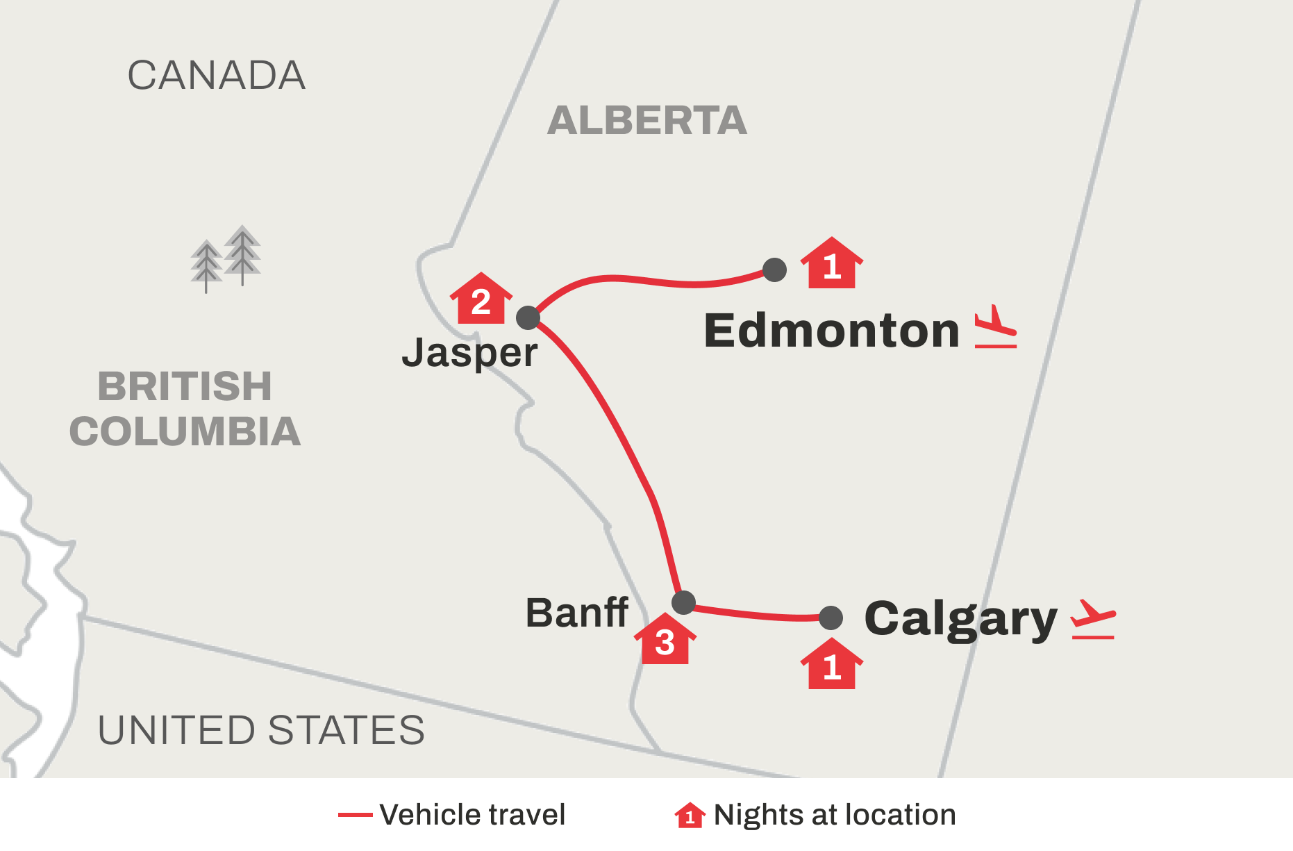 Route map of Canadian Rockies Winter Discovery trip