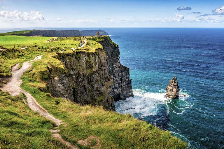 Scenic view of the Cliffs of Moher with the ocean in the background.