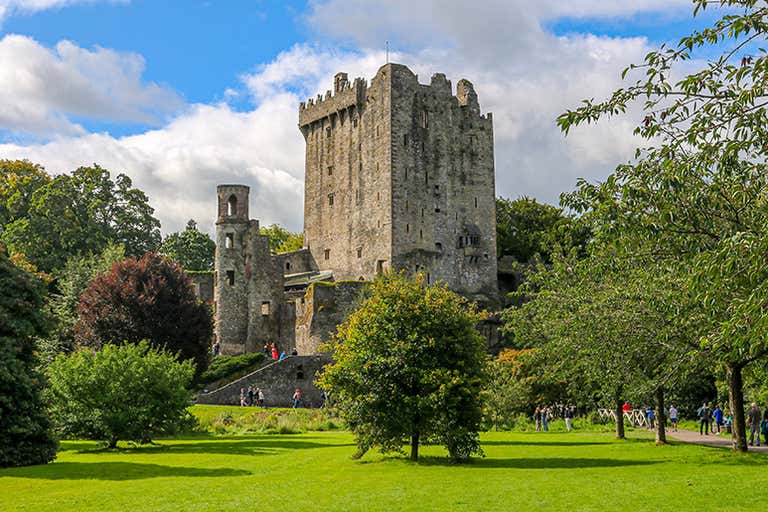 A view of Blarney Castle surrounded by lush greenery and trees.