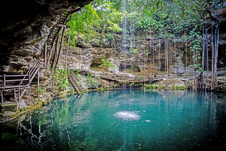 A lush cenote with cascading vines, wooden stairs, and turquoise water surrounded by rocky walls and tropical greenery.