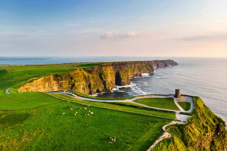 Aerial view of the Cliffs of Moher in Ireland at sunset.