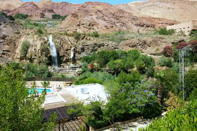 Green oasis with pool, waterfall, and lush vegetation nestled between rocky desert cliffs.