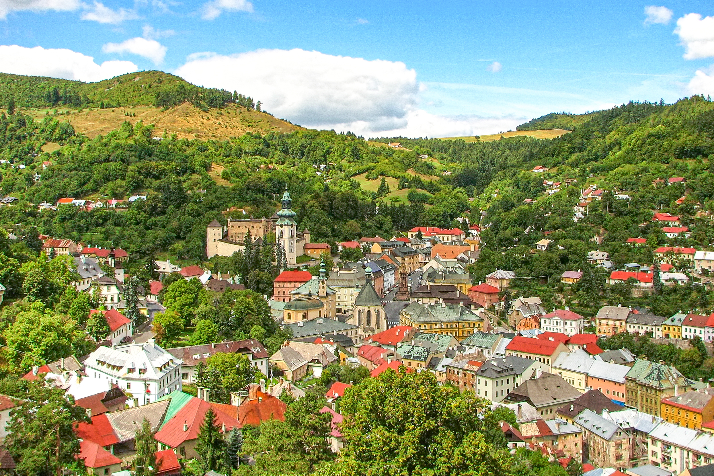 View over the UNESCO-listed town of Banská Štiavnica and surrounding hills.