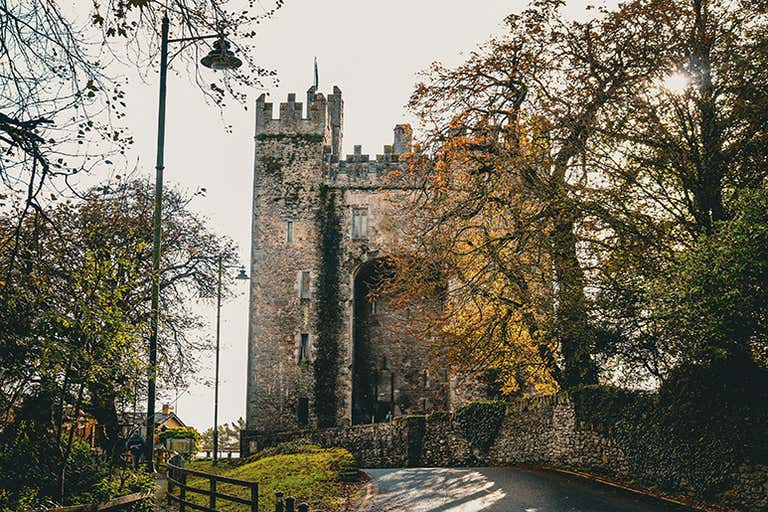 A historic stone castle surrounded by trees and a road leading up to it.
