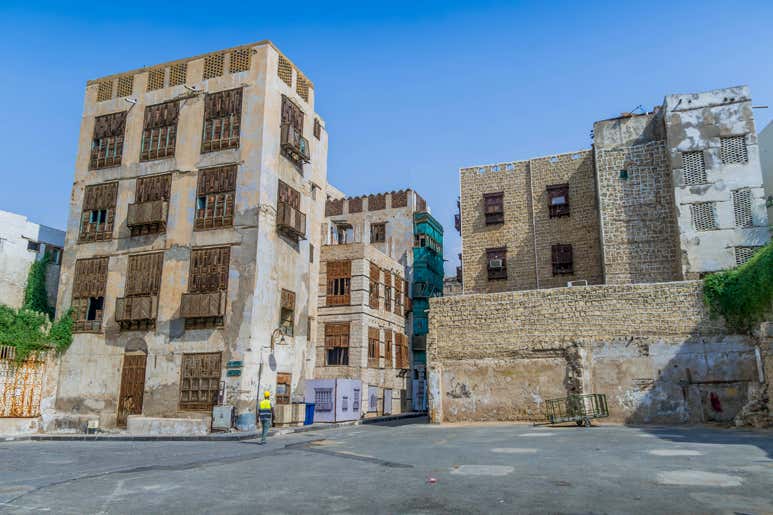 Historic buildings in Al-Balad, Jeddah with traditional architecture.