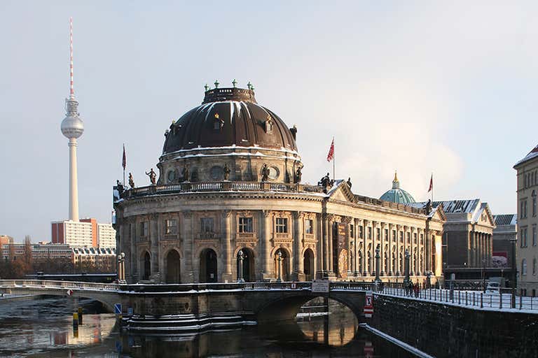 Bode Museum on Museum Island in Berlin, dusted with snow in February.