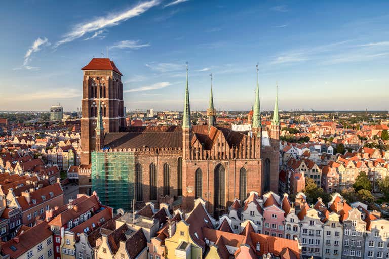 Widok z lotu ptaka na kościół Mariacki i jego wysokie zielone iglice, otoczone zabytkowymi dachami Gdańska.