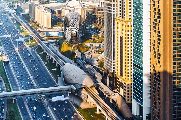 Sheikh Zayed Road, a bustling highway lined with skyscrapers in Dubai.