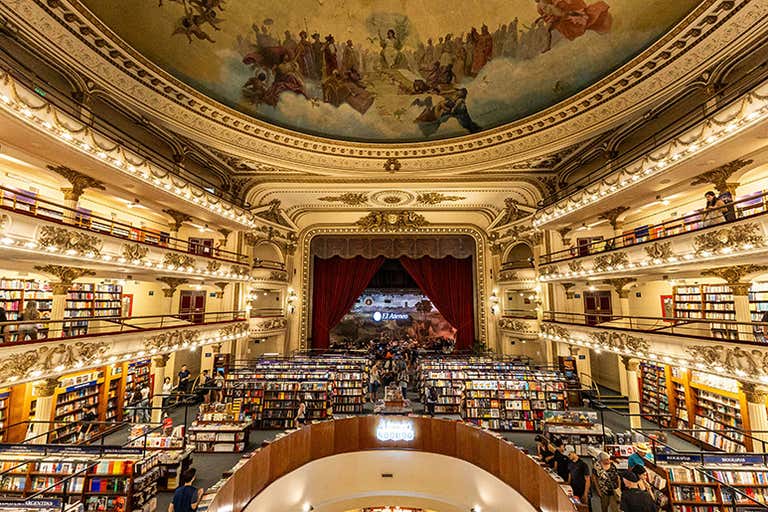 El Ateneo Grand Splendid bookstore interior with ornate theater architecture and book displays.