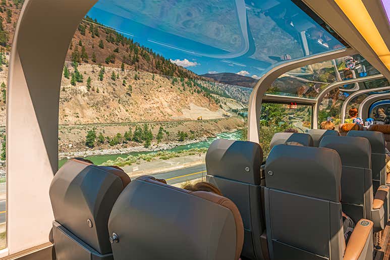 Glass-domed carriage on the Rocky Mountaineer through the Colorado Rockies, USA.