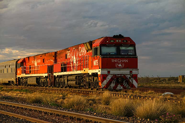 The Ghan train crossing Australia’s red outback between Adelaide and Darwin.