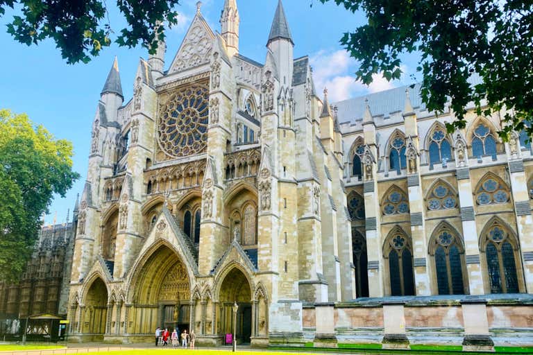 A view of Westminster Abbey with its intricate Gothic architecture.