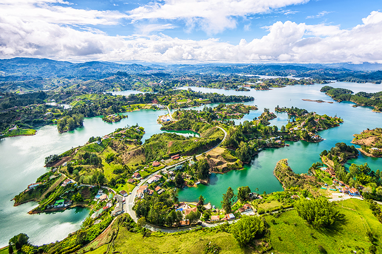 Panoramic view of Guatape from the Rock (La Piedra del Penol), near Medellin, Colombia.