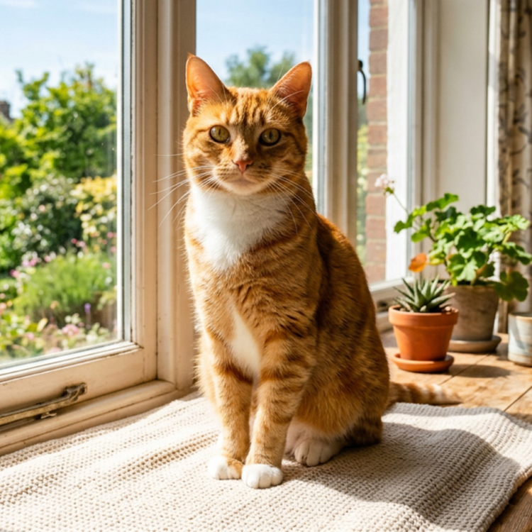 An orange tabby cat sits on an indoor windowsill, facing slightly to the side with sunlight illuminating the fur, while greenery and an outdoor scene are visible through the window behind it.