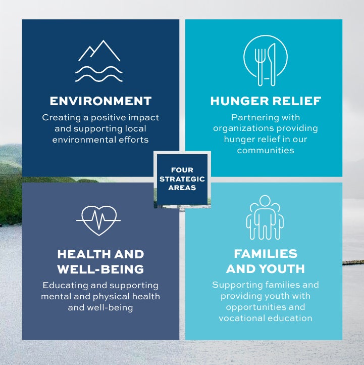 A graphic showing four strategic focus areas—Environment, Hunger Relief, Health and Well-Being, and Families and Youth—each in its own colored square with an icon and brief supporting description.