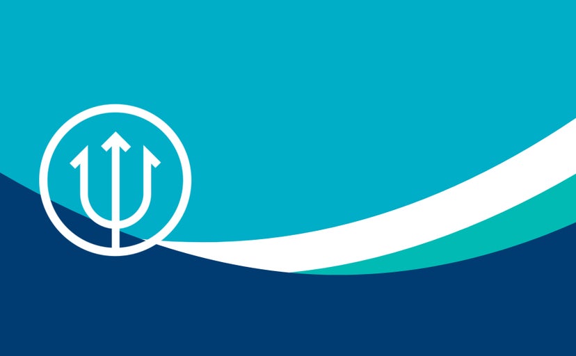 An icon of a Trident rests against a background of blue and green wave patterns