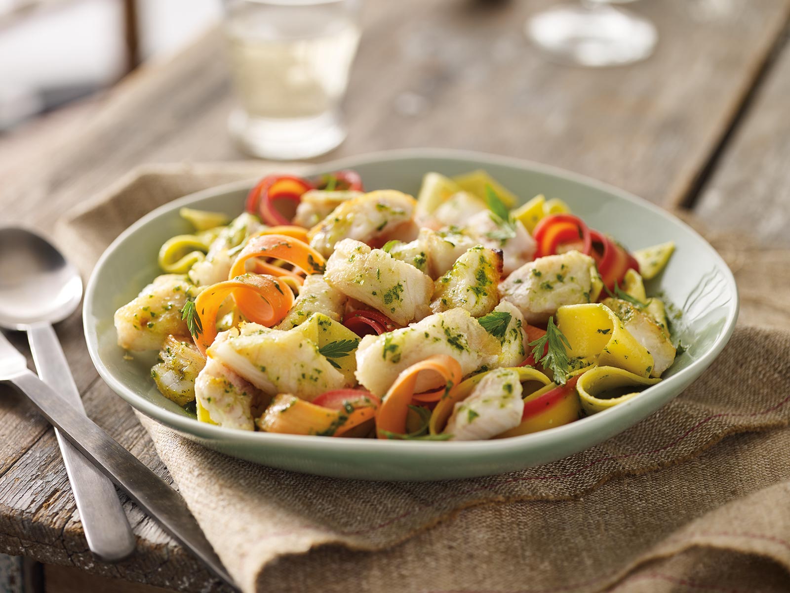 Wild Alaska Pollock Pappardelle with Carrot-Top Pesto