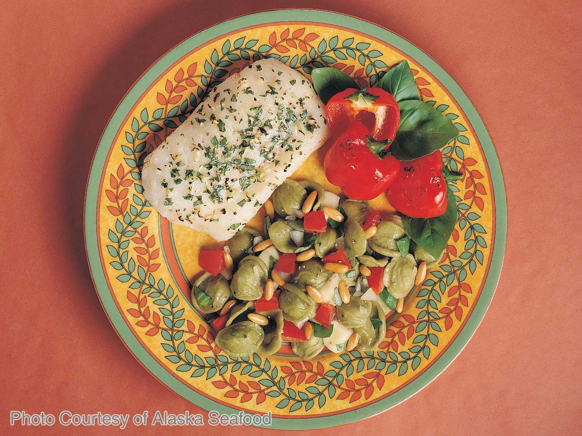 Grilled Alaska Cod with Brie-Tomato Pasta
