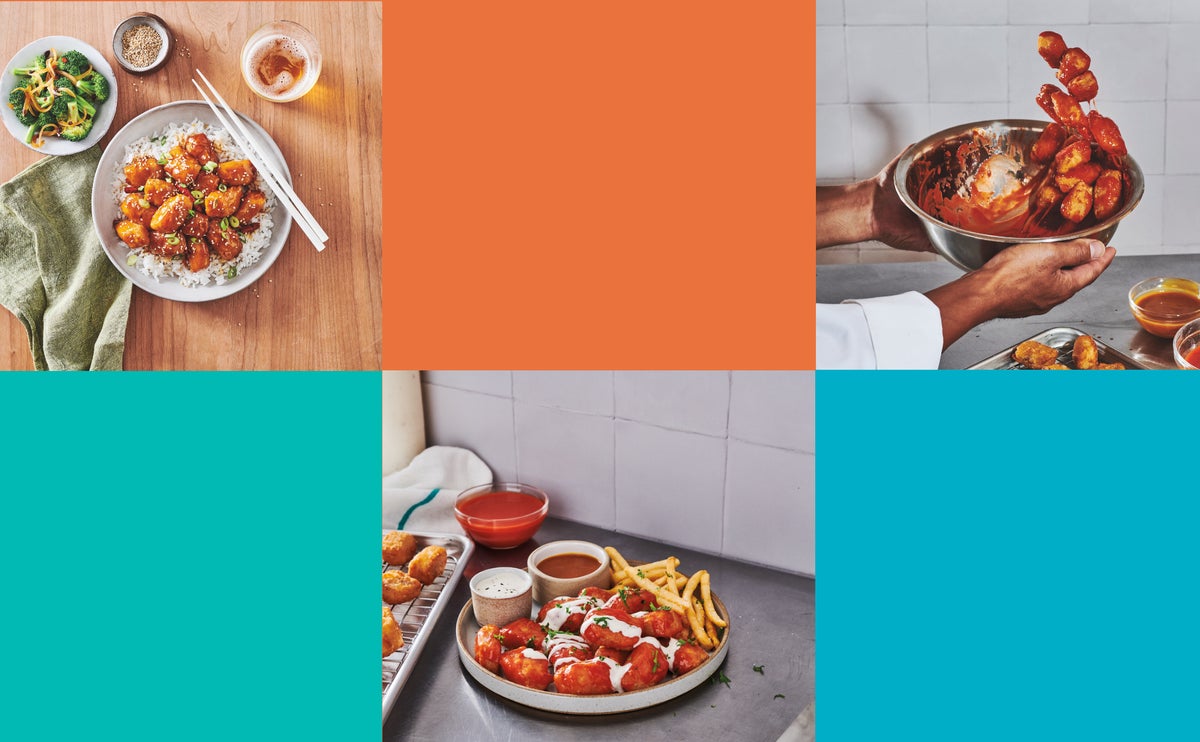 Trident's Crispy Battered Sauceable Wild Alaska Pollock Nuggets appear in a collage set against blue and orange stylized squares