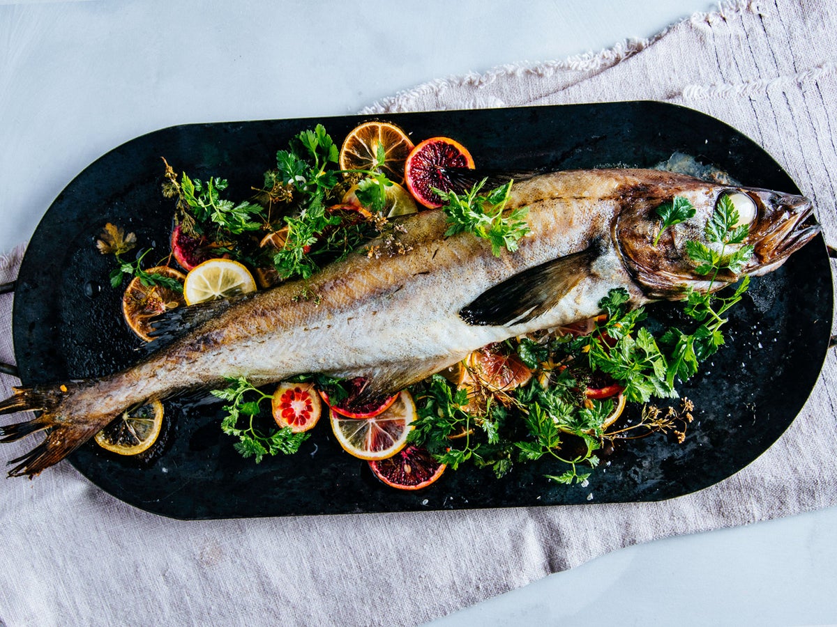 Whole Roasted Pollock Stuffed with Blood Orange and Mandarin