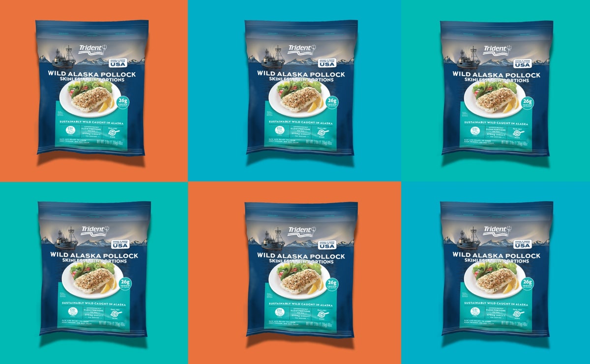 A 3-pound bag of Trident's new Wild Alaska Pollock Loins against a backdrop containing several blue, green and orange squares