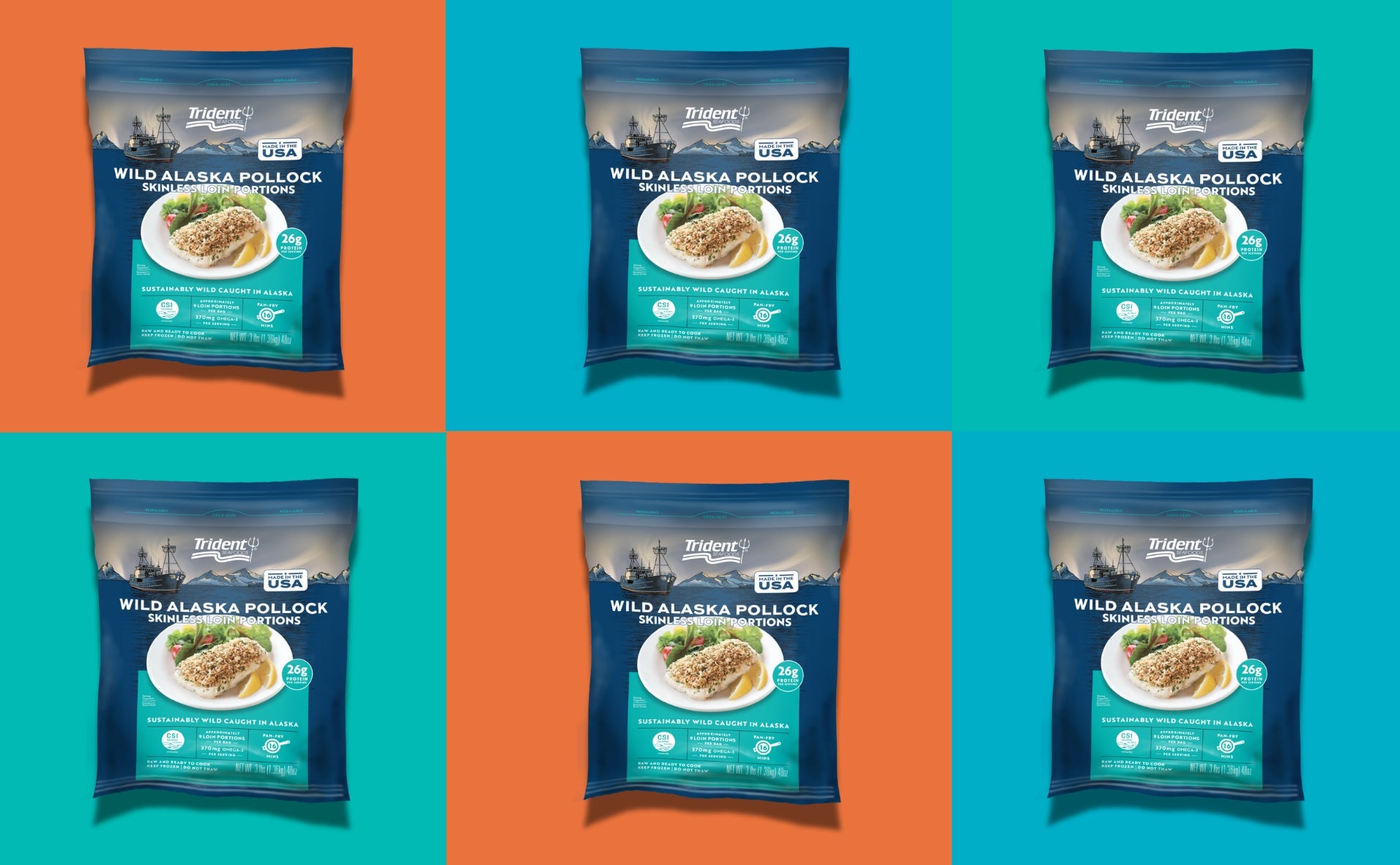 A 3-pound bag of Trident's new Wild Alaska Pollock Loins against a backdrop containing several blue, green and orange squares