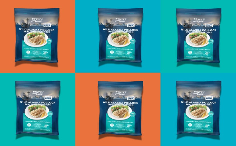 A 3-pound bag of Trident's new Wild Alaska Pollock Loins against a backdrop containing several blue, green and orange squares