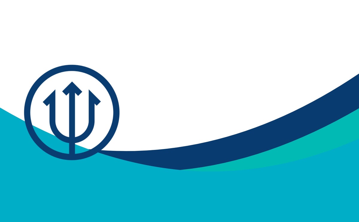 A blue Trident sits against a backdrop of white, green and blue waves