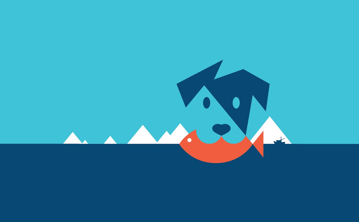 An illustration of Pepper, the wellFURst mascot, surrounded by the pristine waters and mountains of Alaska while holding wild Alaska seafood in its mouth 